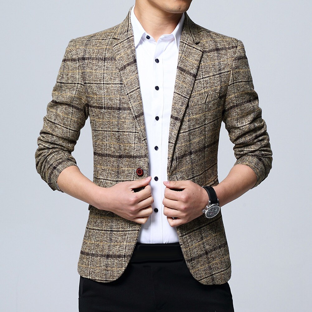 Salg! herre plaid revers slim fit blazer jakke frakke business jakke med én knap herre blazer bryllup dimission jakkesæt