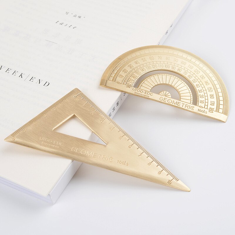 Vintage geometrisk linjal i messing gylden retro halvsirkel vinkelmåler trekant linjal vinkelmåler skolebarn sett måleverktøy