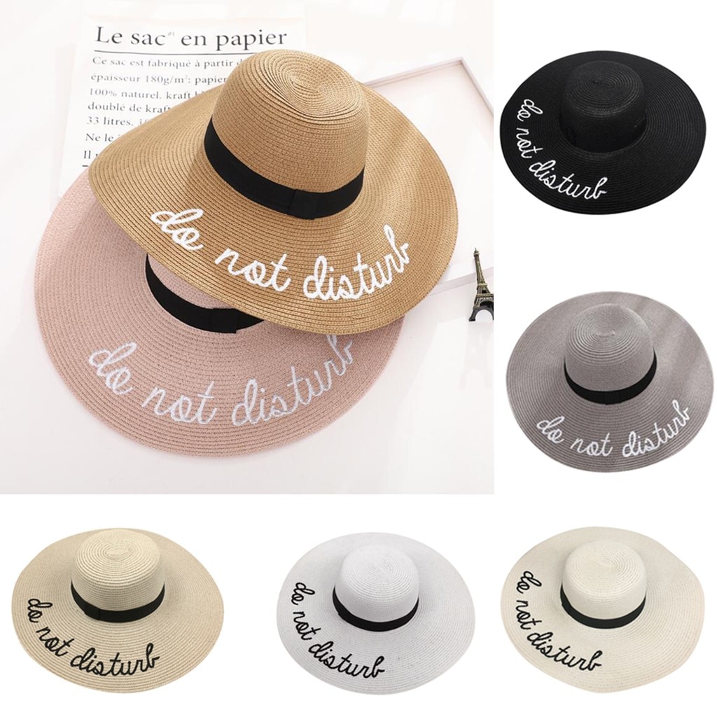 Sombrero de paja grande de verano para mujer de , disquete solar, sombreros anchos con estampado de letras, gorras de playa plegables, sombrero de playa,