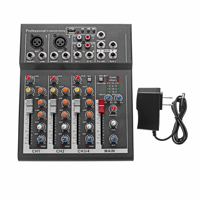 LEORY 4 Channels Audio Mixer with USB DJ Sound Mixing Console MP3 Jack Live Audio Mixer For Karaoke KTV Match Party: Black
