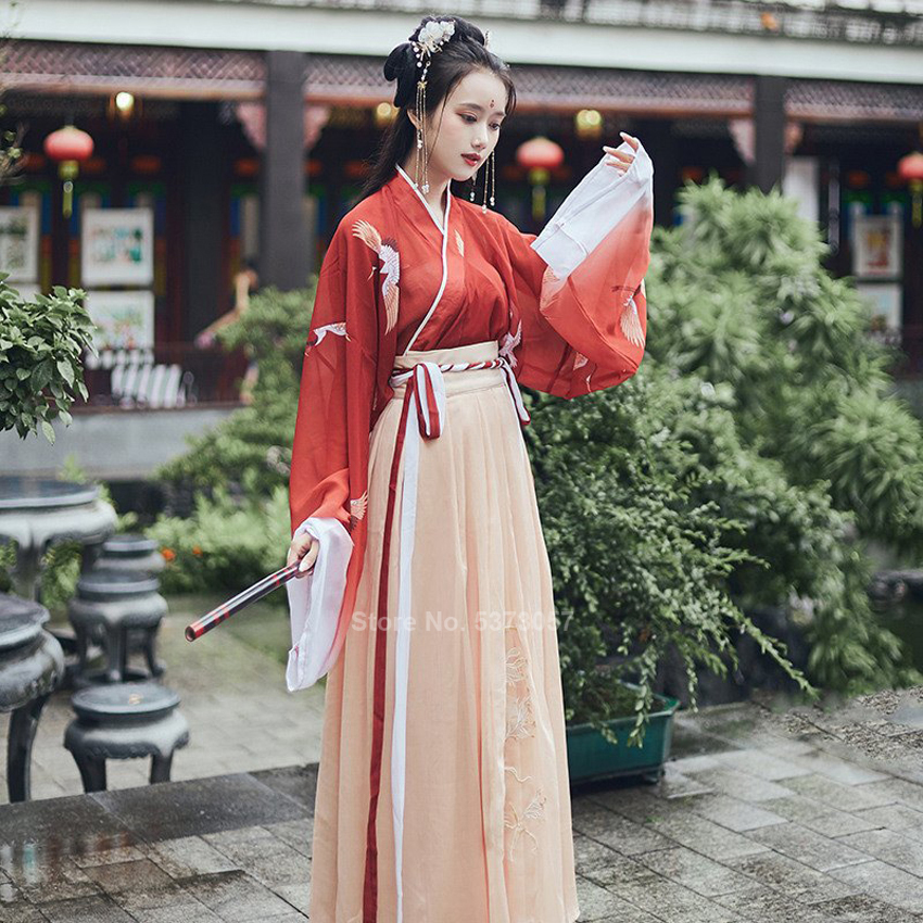 Vestido de danza folclórica del Festival de ropa tradicional china Hanfu para las mujeres niñas Retro de la vendimia de la grúa de hadas bordado de gasa conjunto rojo