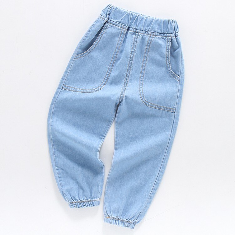 Bebis pojkar kläder cowboy jean byxor sommar mjuka denim harem byxor resår midja enfärgad sport pojkar kläder outfit kläder