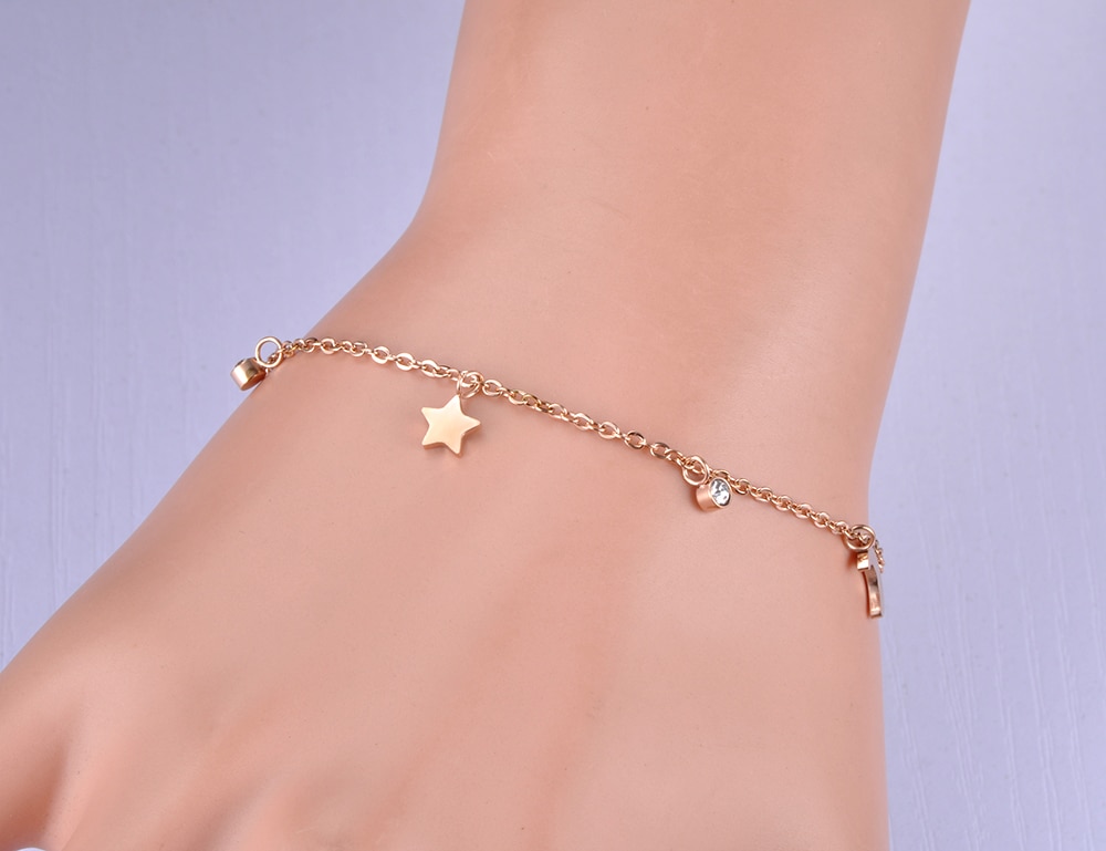 JeeMango Trendy Bracelet Moon & Star & CZ Crystals Rose Gold Color Stainless Steel Bracelet Link Chain Christmas JB18186