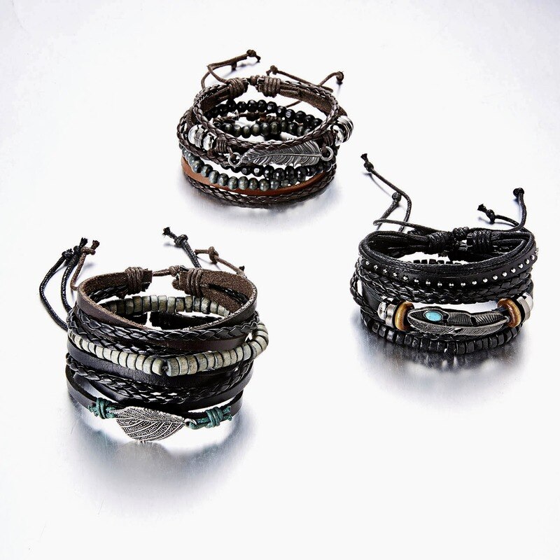 Accessoires de main rétro pour hommes, ensemble réglable en cuir tricoté croisé, Bracelet accessoires pour main, 5 pièces