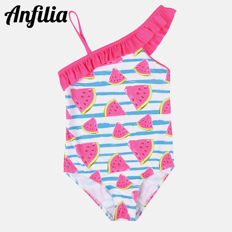 Anfilia piger ét stykke badedragter blomstermønster en skulder badetøj børn flæse søde bikini strand slid vandmelon ét stykke: Mag / 5-6y