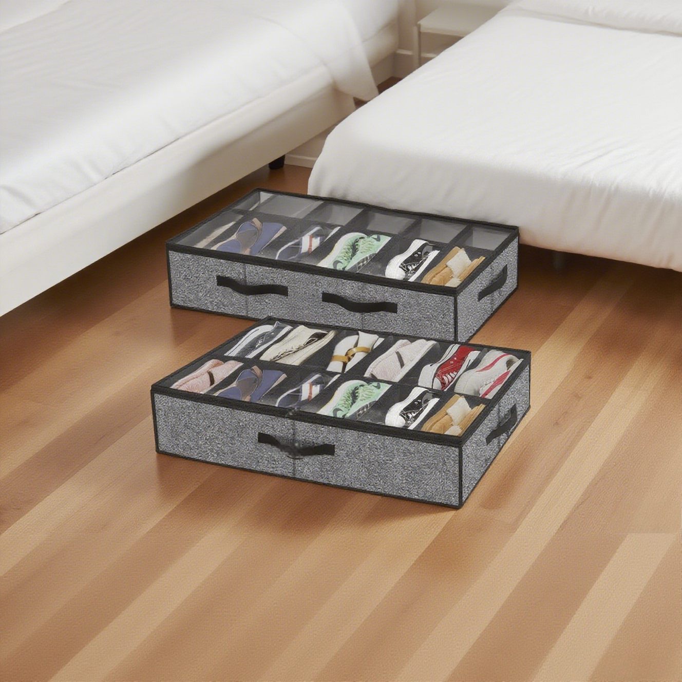1 Piece Under-bed Shoe Storage Organizer Box, Can Accommodate 12 to 16 Pairs of Shoes, with Transparent Window, Foldable