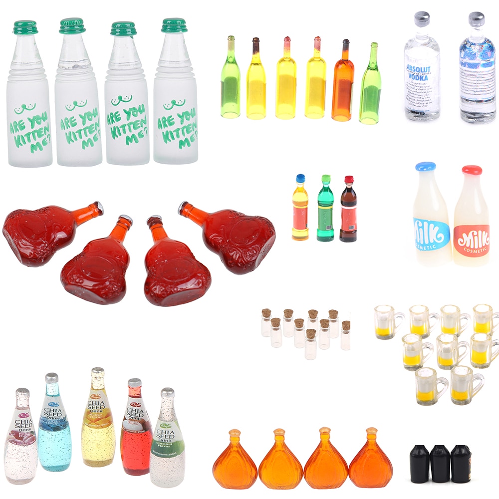 Mini Water Bottles Dollhouse Miniature Doll Food Kitchen Living Room Accessories Kids Pretend Play Toys 1/2/3/4/5/6/10PCS