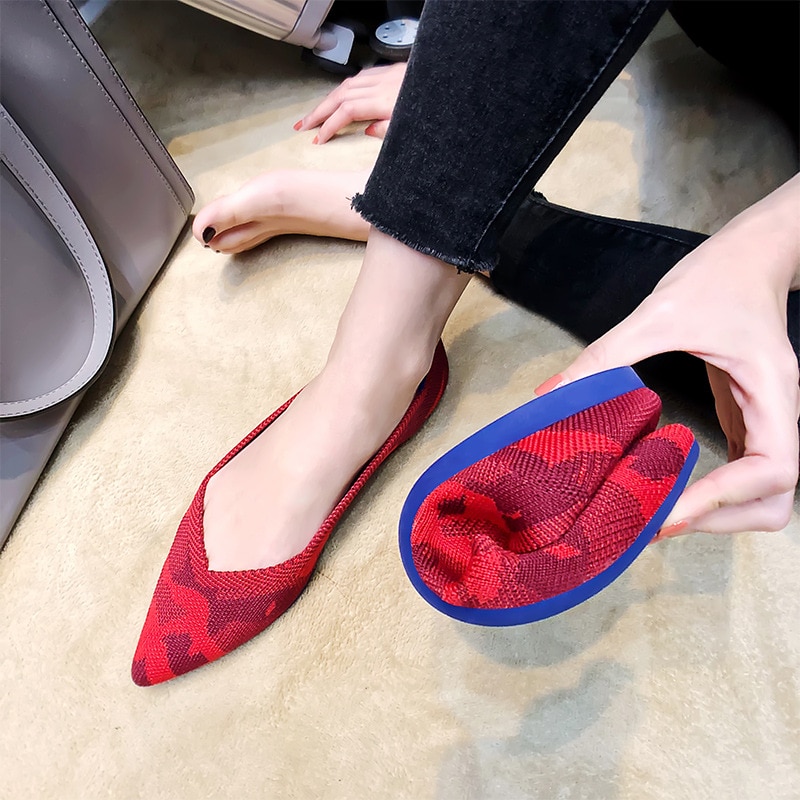 Beroemde Casual Boot Schoenen Vrouw Puntschoen Sapatos Stretch Breien Ballerina Flats Schoenen Lente Plus Size Roll-Up ballet