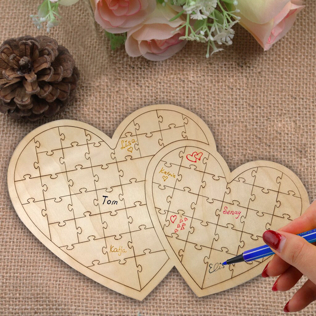 Double Heart Shaped Puzzle Jigsaw Guest Book Wedding Supplies Home Decor