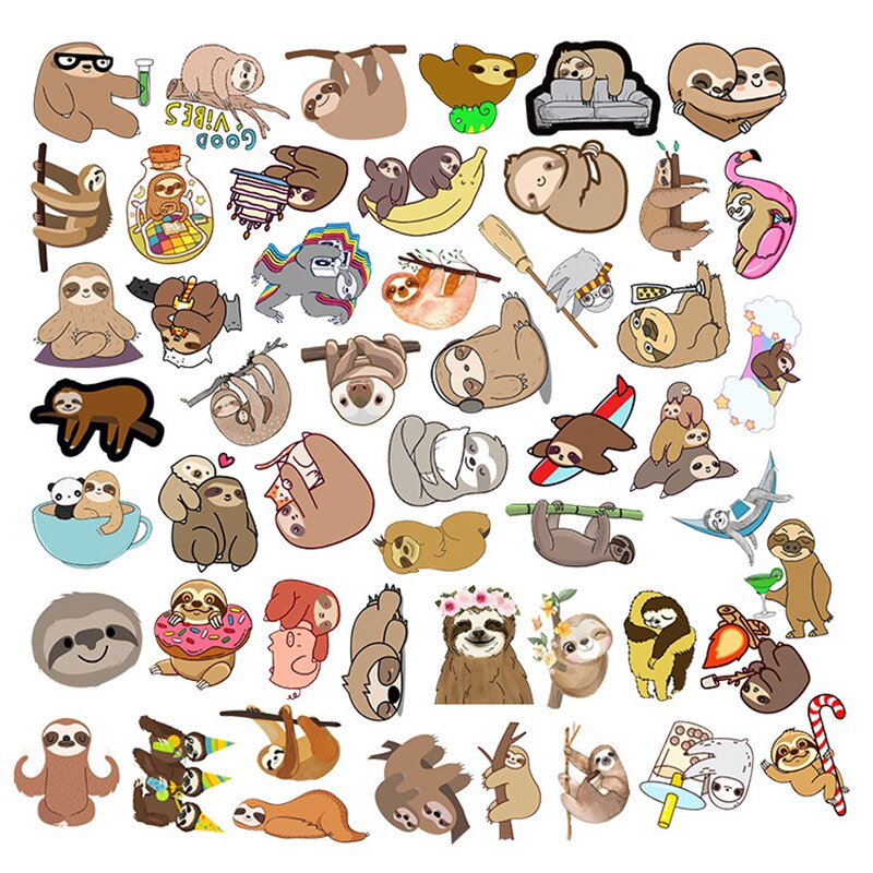50Pcs Cute Sloth Animal Laptop Stickers Relax Life Funny Text Cartoon Waterproof Stickers For Kids DIY Guitar Fridge PC Decal