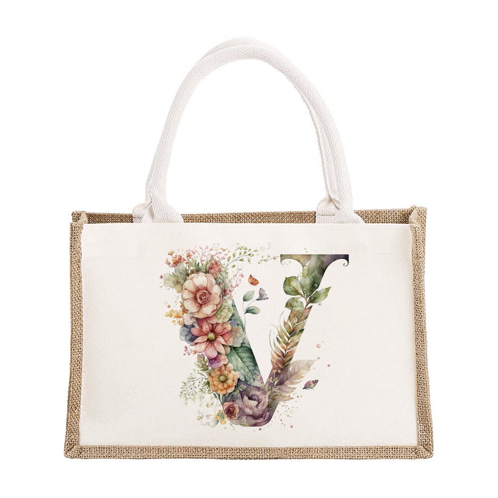 Sac à bandoulière en lin de grande capacité, sac de Shopping pour femmes, motif imprimé de lettres florales, sac d'imitation de Jute: Rouge