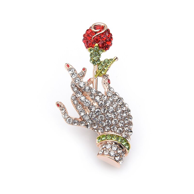 Wuli & bebê espumante mão segurando rosa dia dos namorados broche presente para as mulheres 2019 ano novo moda jóias strass completo