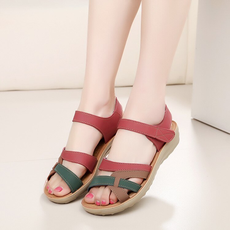 ZZPOHE murmeln sandalen weiches leder große größe flachen sandalen sommer lässig komfortable rutschfeste in der älteren frauen schuhe 41: rot / 7.5