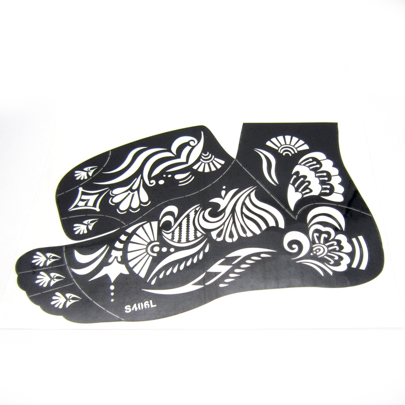 Plantillas de tatuaje de Henna para pies, 1 pieza, para pintura corporal, aerógrafo grande con purpurina de flores, plantillas de tatuaje de pies, ehndi, 24x16,5 cm