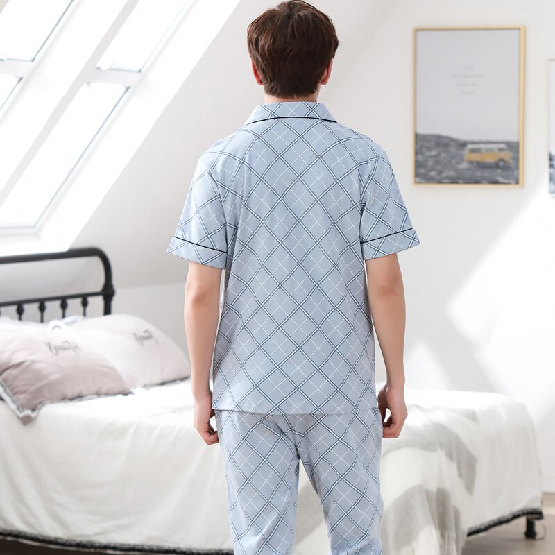 Men Pajama Set Nightwear 2022 Summer Cotton Short-sleeve Male Sleepwear Sets Plaid Prints Pyjamas Sets Thin Pajamas Casual home