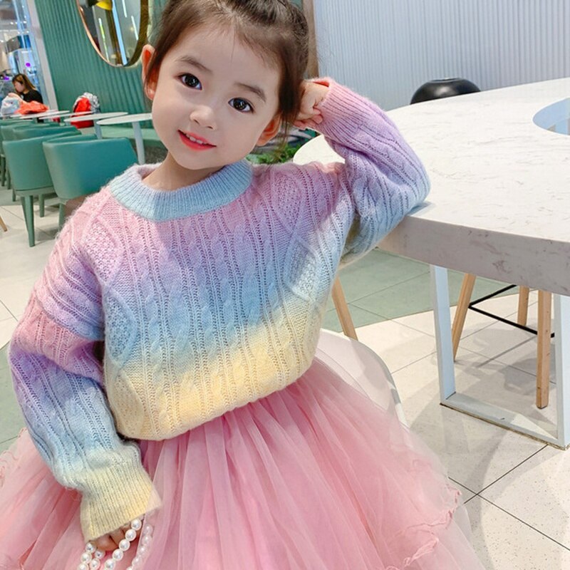 Pull tricoté arc-en-ciel pour fille, pull ample à col rond, vêtement pour enfant de 3 à 11 ans, collection automne et hiver