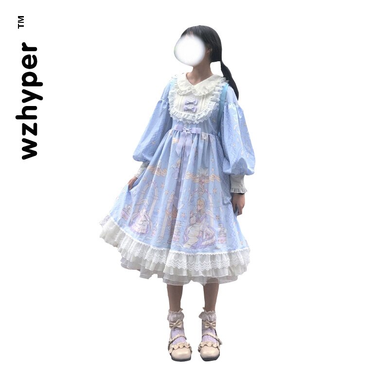 Vestido gótico de Lolita Harajuku para mujer, urbana, vestido cruzado para Cosplay, estilo japonés suave, estrella, tul, chica: Blue / L