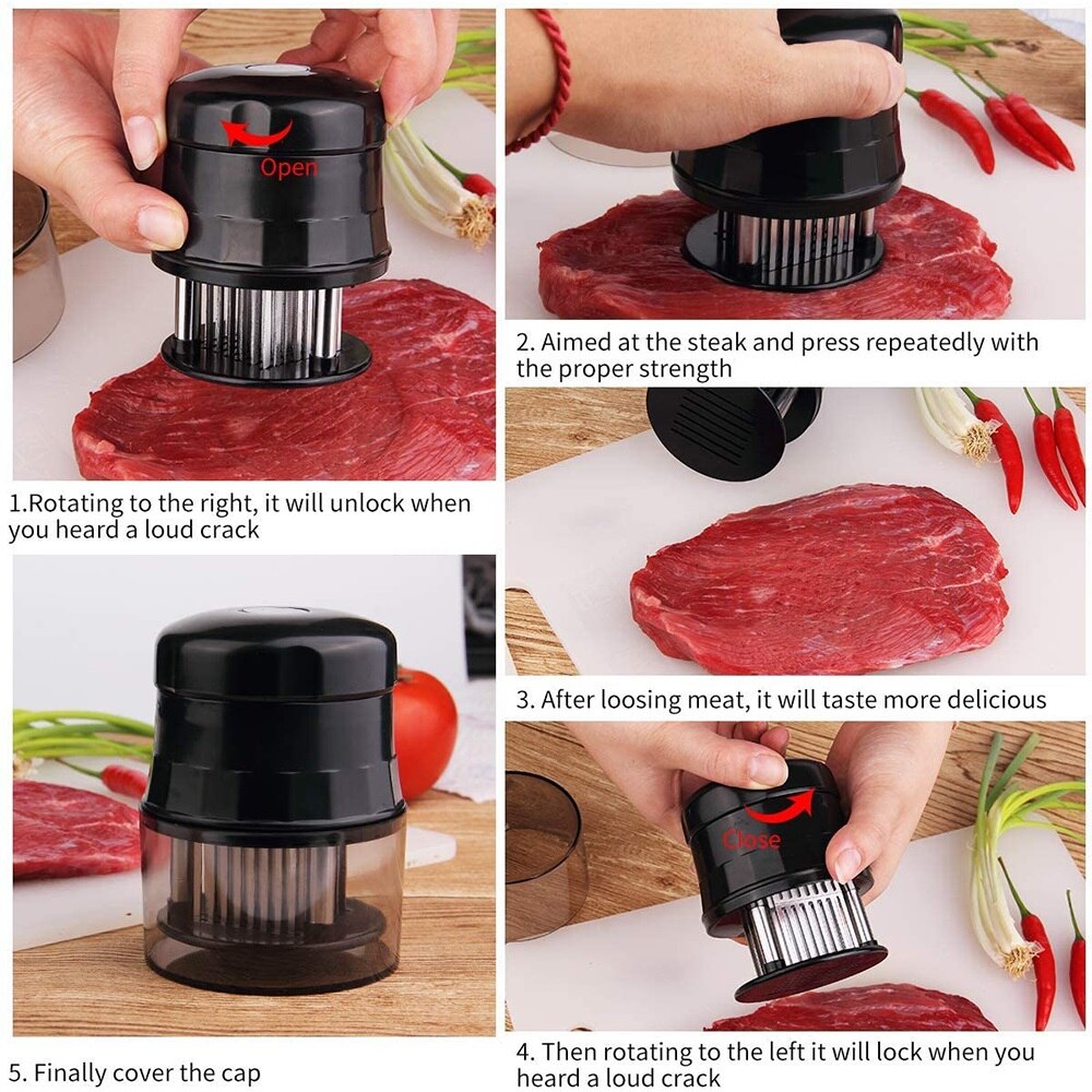 1Pcs Premium Vleesvermalser Naald Mals Vlees Hamer Met 56 Roestvrijstalen Messen Schoon Borstel Voor Steak Kip Vis varkensvlees