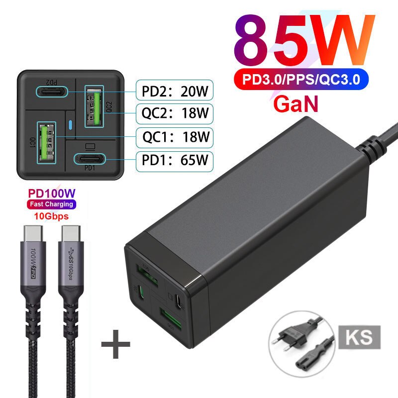 Chargeur USB C 85W, URVNS GaN Tech PD 65W PPS 33W QC 18W, Station de charge rapide USB-C pour iPhone, Samsung, MacBook: KS and Cable