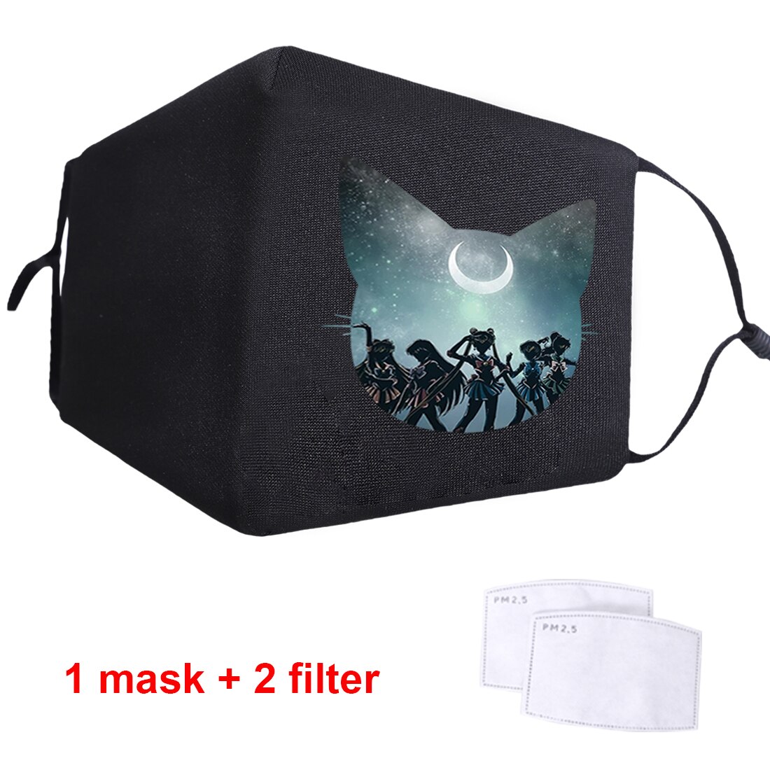 Sailor moon sød dejlig japan anime vaskbar anti-støv mund ansigtsmaske voksen sort anti-støv ansigtsbeskyttende muffel cover maske: C0551