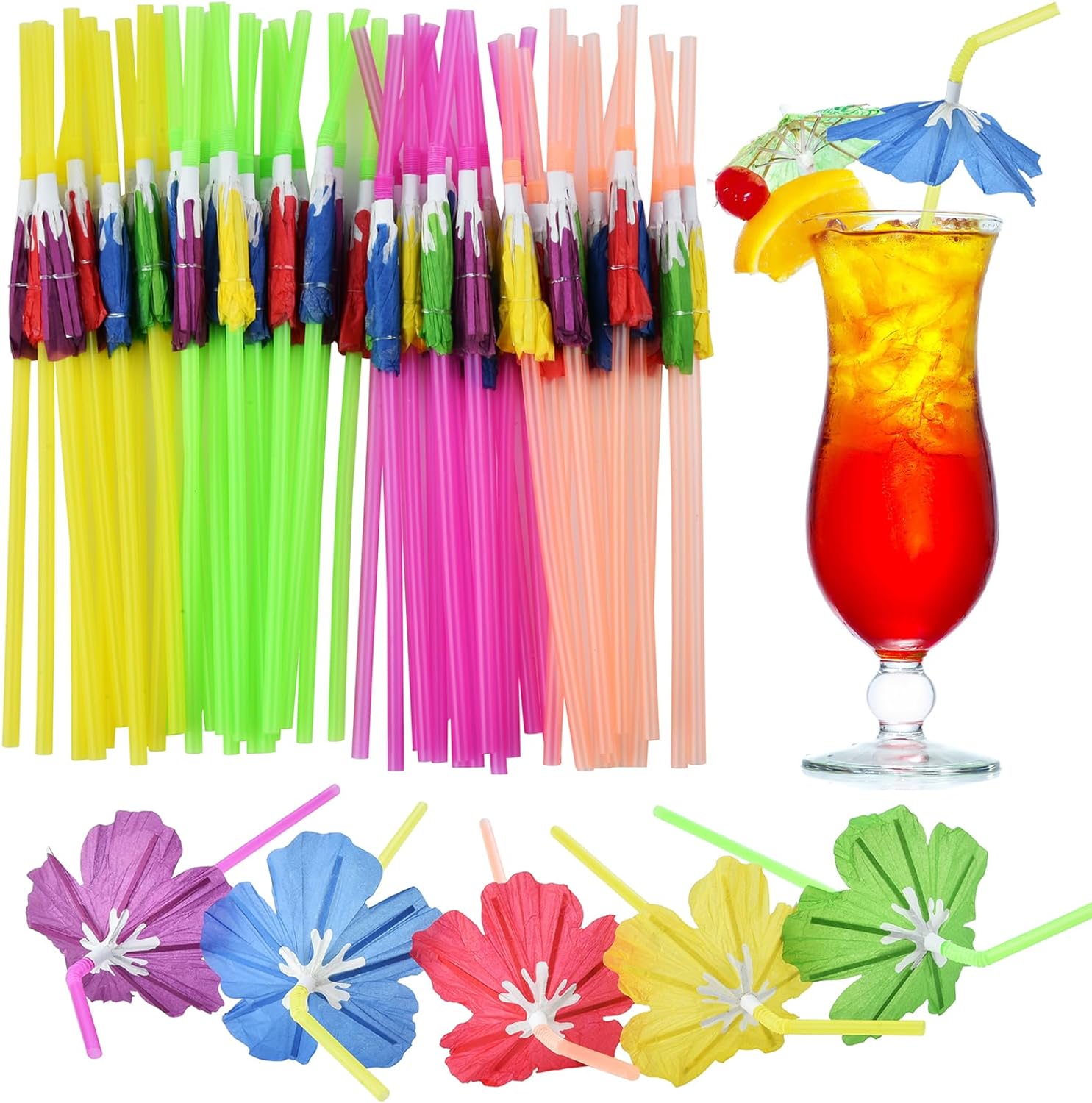 50 Uds pajitas de paraguas, paraguas de bebidas de cóctel pajitas de barra de flores elegantes, pajitas de hawaiana Tropical Summber Beach Luau Tiki: Default Title