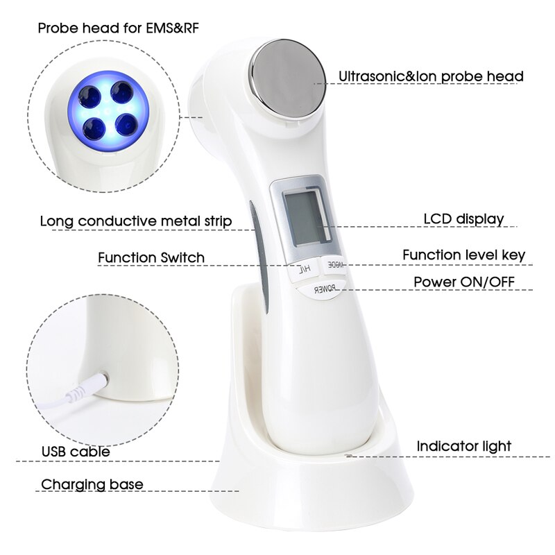 6 in1 LED RF Photon Therapy Facial Skin Lifting Rejuvenation Face Massage Machine EMS Ion Microcurrent Mesotherapy Beauty Device
