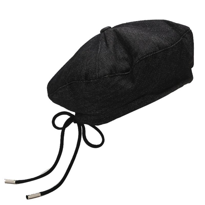 Women Denim Cotton Beret Cap Ribbon Lace-Up Bowknot Newsboy Painter Beanie Hat