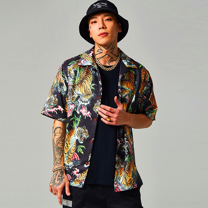 Skjorte med tigerprint til mænd sommer etnisk trend kortærmet top high street streetwear hawaiianske strandskjorter