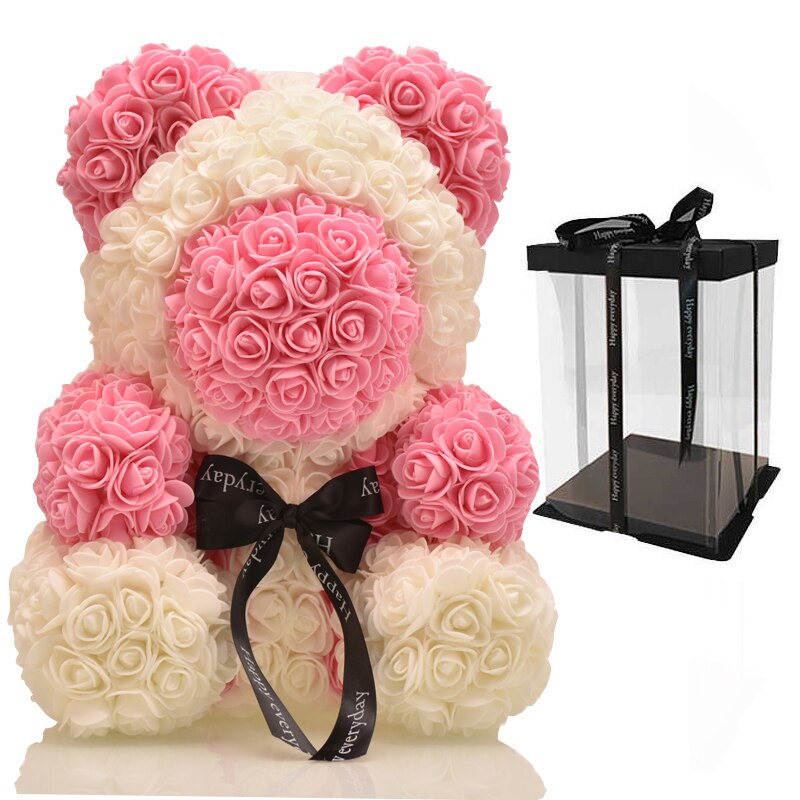 Großen Regenbogen Bär von Rosen mit Kasten 38cm 3D Schaum Rosen Bär Teddybär Kostüm Seife Blume Weihnachten: mit Kasten 3