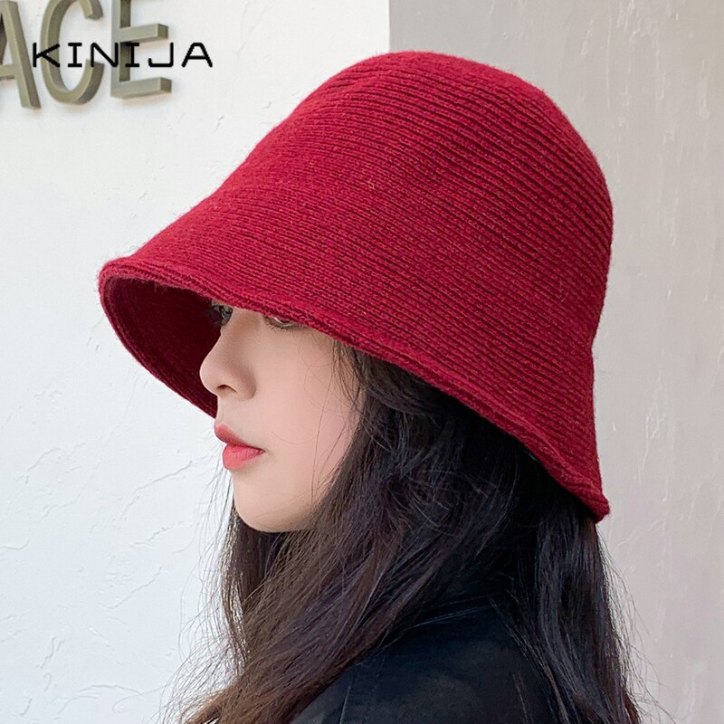Women Wool Knitted Cylind Bucket Hat Korean Japanese Retro Autumn Winter Bell Cap Men Fisherman Hat Girl Fedora Hat
