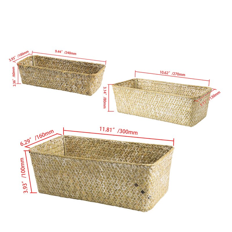 Rectangular Rattan Storage Basket Straw Fruit Dried Flowers Storage Boxes Handmade Seagrass Picnic Basket Makeup Organizer