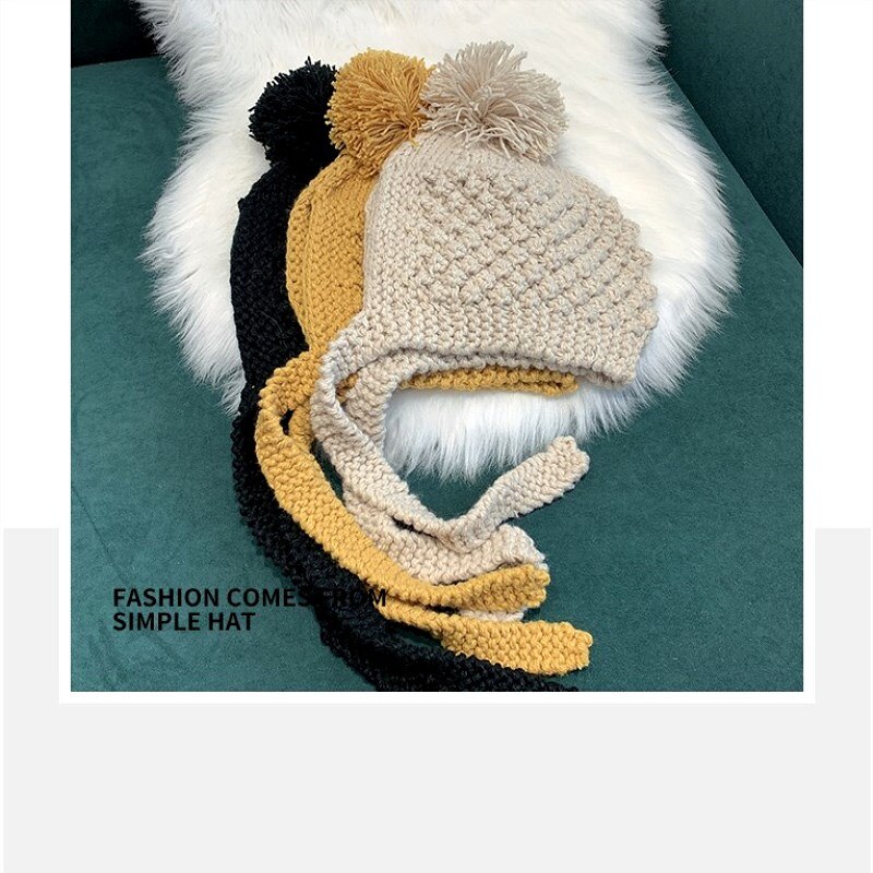 Ushanka-gorro de algodón tejido a mano para mujer, gorros gruesos y cálidos con Protector de orejas, para otoño e invierno,