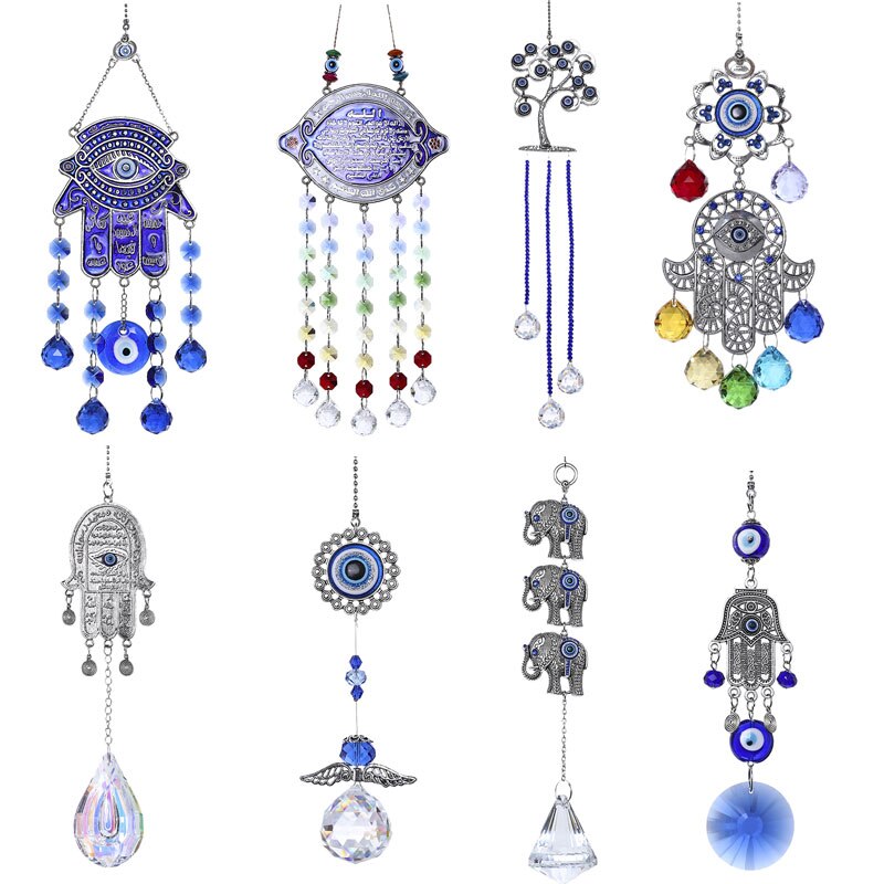 Diy Lucky Hamsa Turkse Blue Evil Eye Crystal Charm Suncatcher Hanger Wind Chime Amulet Thuis Muur Tuin Opknoping Decoratie