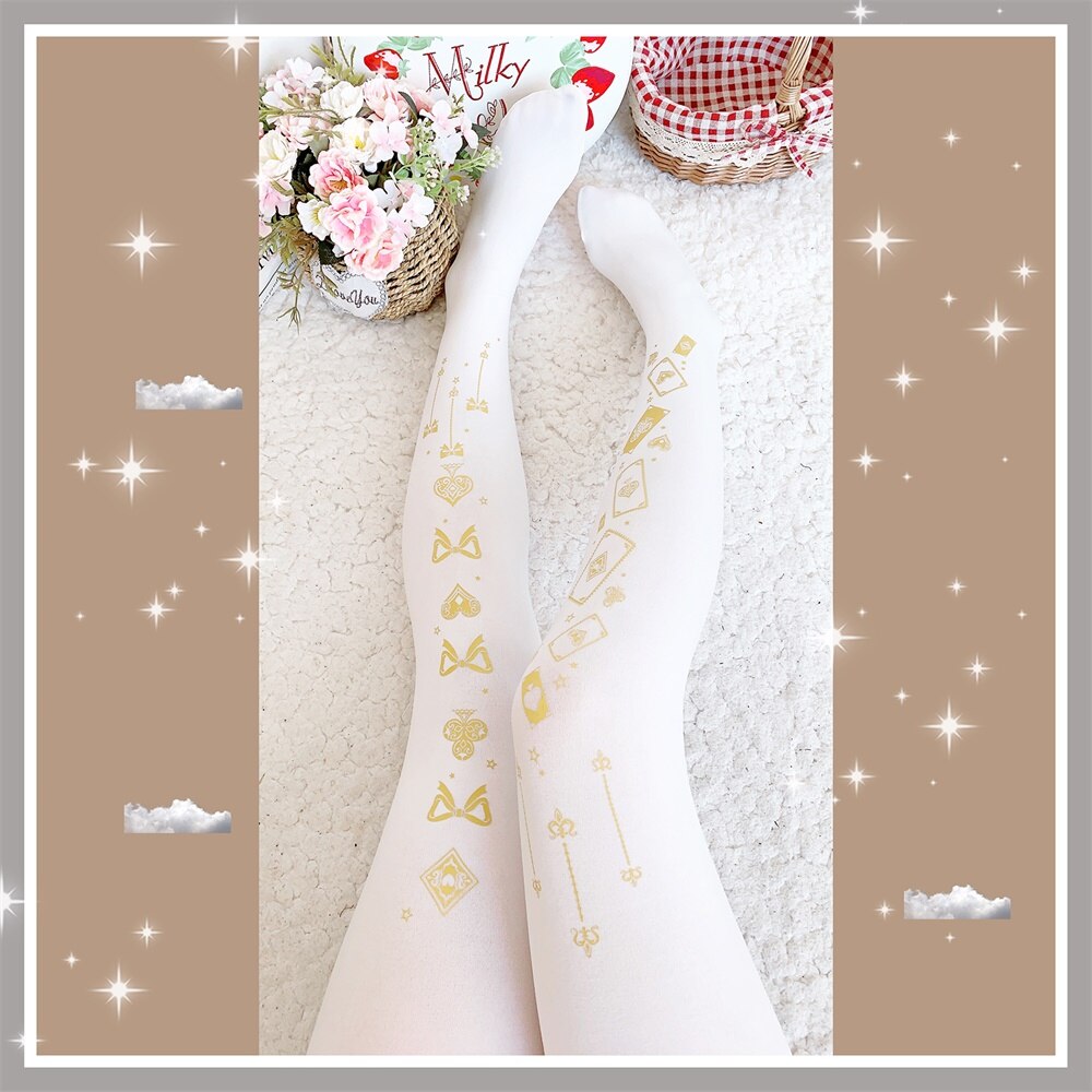 Interlaced gordijn Lolita Vrouwelijke Herfst Zoete print Fluwelen 120D Panty stamping Kawaii Lolita Japanse Panty Cosplay: White Gold / XXS