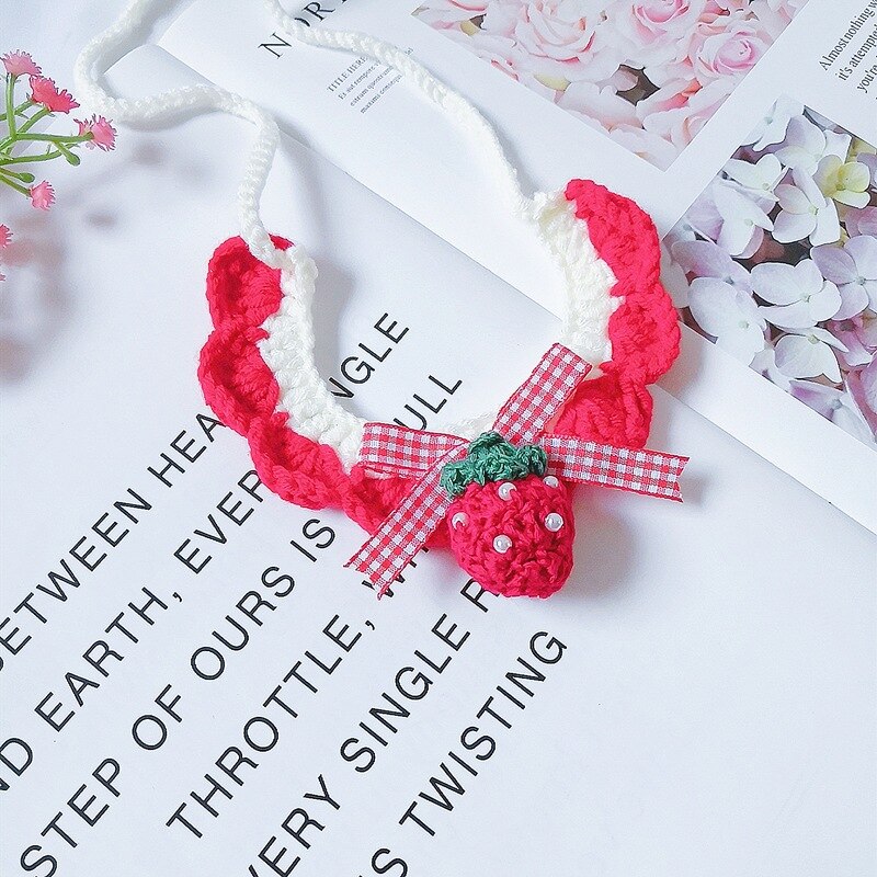 Strawberry Crochet Cat Collar Woolen Dog Bandana Bowknot Pet Necklace Manual Kitty Scarf Cute Cat Accessories Yorkie Chihuahua: 2 / XS-Length 15-20cm