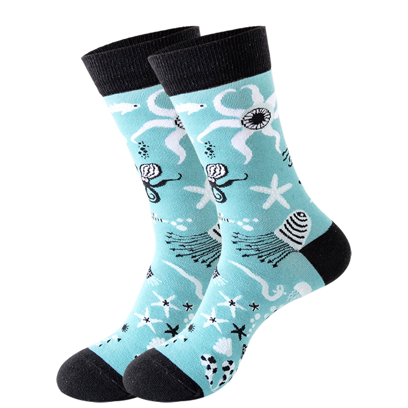 Nuevos calcetines de para hombre Harajuku japonés calcetines de dibujos animados felices caballito de mar cangrejo camarones calcetines de Coral tendencia medias masculinas calcetines divertidos: LIGHT BLUE