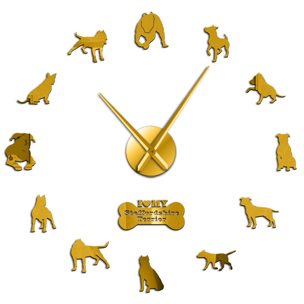 American Dog Breed Decorative 3D DIY Wall Clock American Staffordshire Terrier Home Clock With Mirror Numbers Stickers: Gold / 47inch