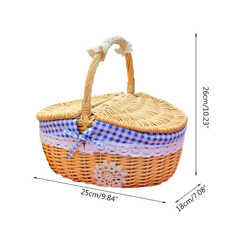Rattan Outdoor Picnic Basket Country Style Wicker Hamper with Lid and Handle Liners Food Fruit Storage Carrying