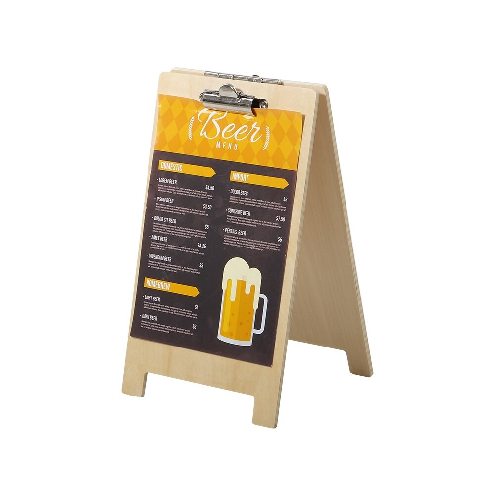 Træmenustativ papir prisskilt display bordplade liste bestillingsskilt clip label holder træplade dobbeltsidet fotoclips rack