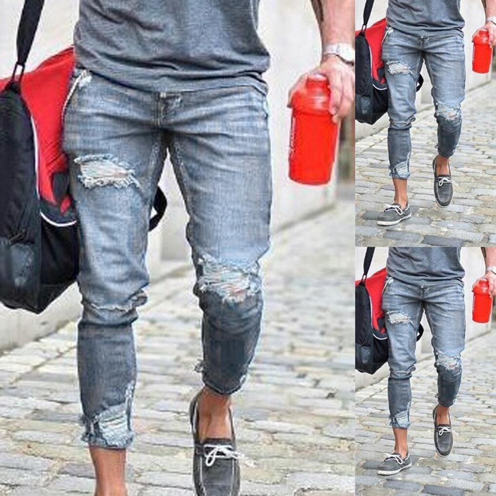 Arrived Men Biker Jeans Denim Ripped Holes Mid Waist Slim Supper Skinny Hip Hop Casual Jeans Men Clothes Plus Size O8R2: Gray / XXXL