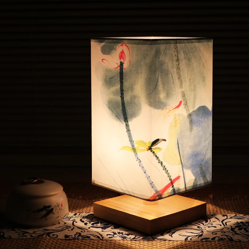 Lampe de Table en bois de Style chinois Vintage, peinture de paysage rétro, lampe de bureau pour décoration de chambre, personnalité à côté de la lampe