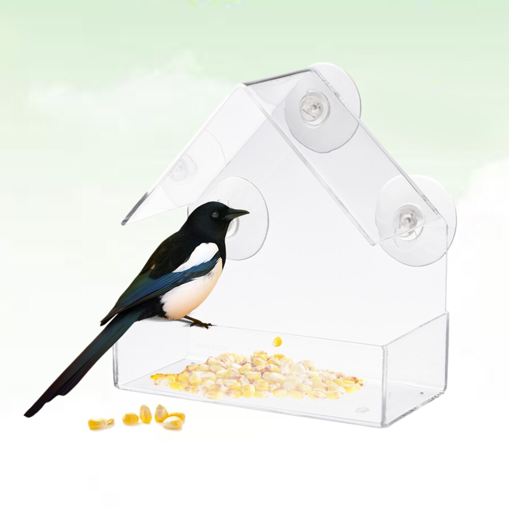 Clear Window Bird Feeder Large Wild Bird Feeder Triangle Shaped Removable Tray With Drain Holes Super Strong Suction Cups