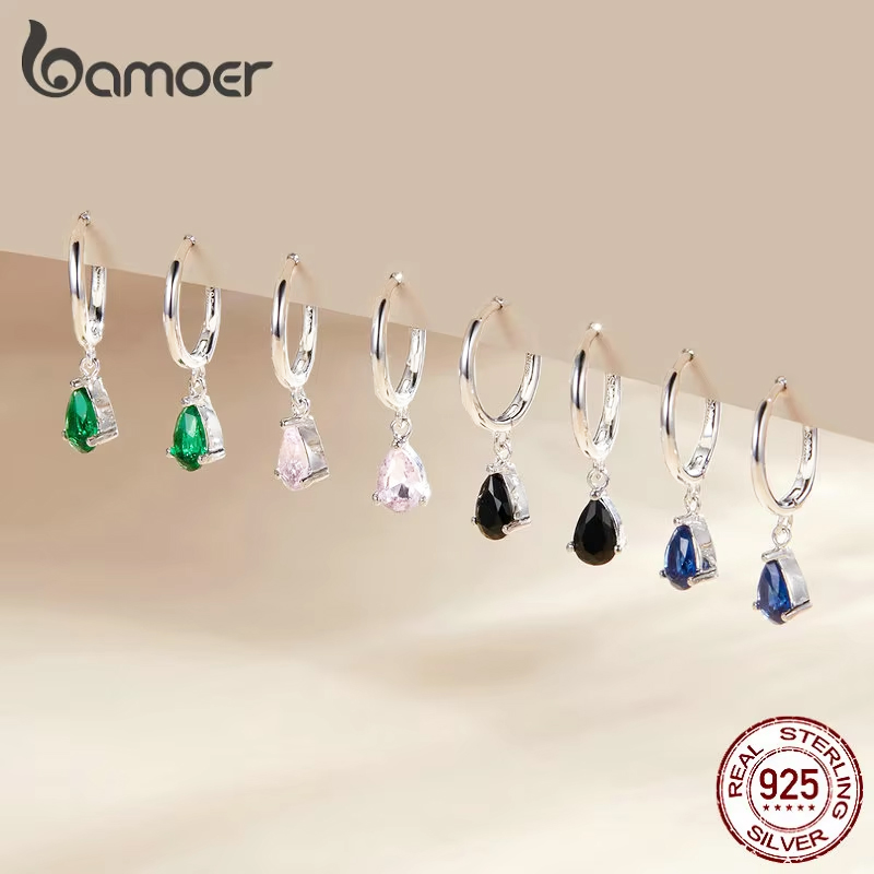 Pendientes de gota de agua de plata BAMOER ISHWAR, Plata de Ley 925, pendiente con forma de gota de 4 colores para mujer, joyería llamativa SCE1018