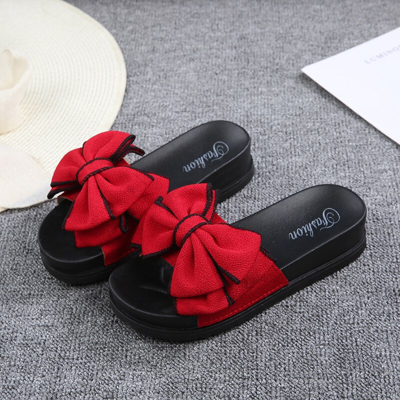 Slippers Teen Girls Summer Bowknot Slippers Korean Children Wild Thick Sandals Non-slip Beach Shoes Slippets: Red / 36