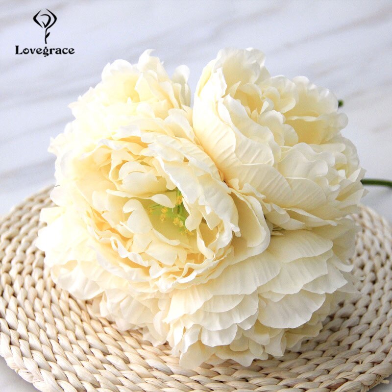 Lovegrace Pioen Boeket Bruid Bruiloft Boeket Kunstmatige Bloem 5 Hoofden Zijde Pioen Bruidsmeisje Bruidsboeketten Thuis Decor: champagne