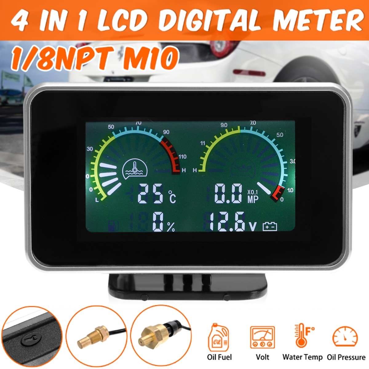 12V24V 4in1 LCD Car Digital Gauge Oil Voltage Pressure Fuel Water Temp Meter M10 Auto Replacement Parts