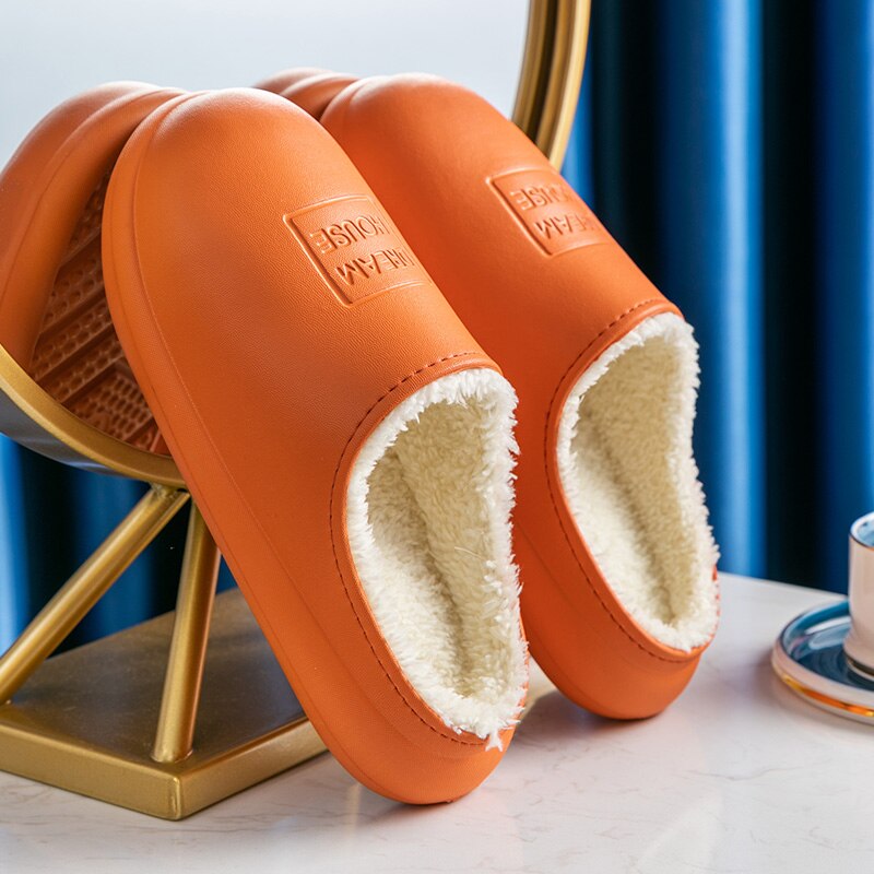Vinter varme plysj tøfler vanntette tøfler kvinne menn innendørs tøfler elskere hjem tøffel tykk såle femael kjøkkensko: Oransje / 35-36