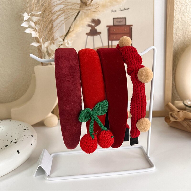 Diadema roja Vintage para mujer, banda de pelo de terciopelo de lana, diadema de esponja lateral ancha para niña, accesorios para el cabello para Navidad y Año