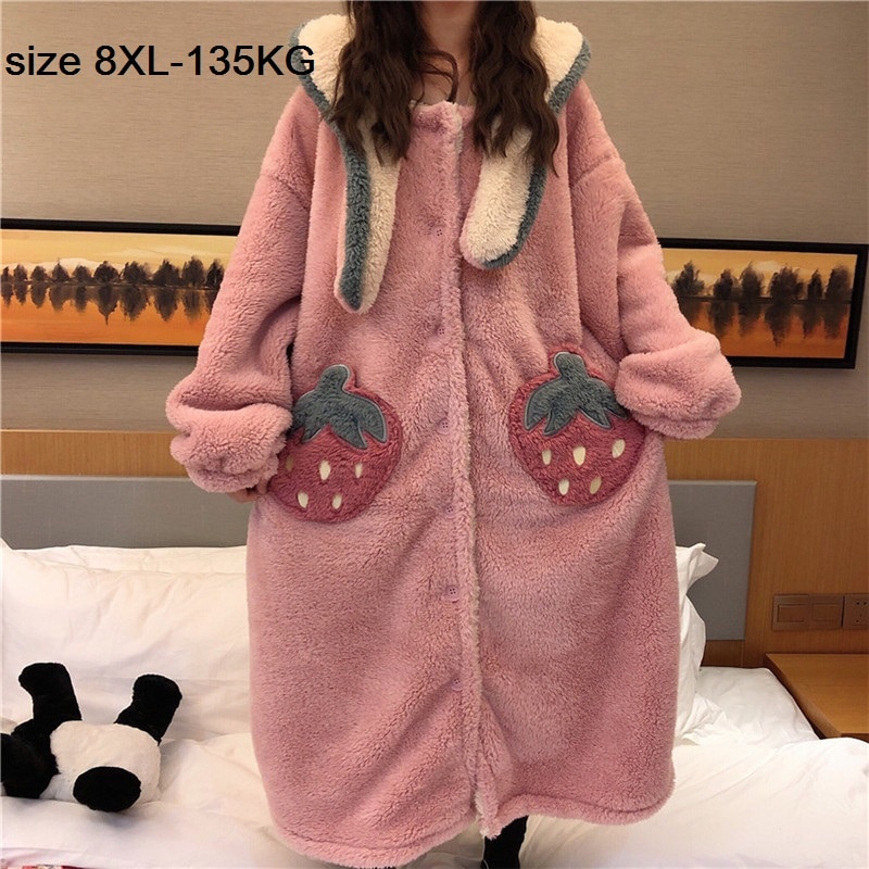 Size 8XL 135KG Women Strawberry Flannel Nightgowns Long Sleeve Thicken Hooded Nightgown Coral Fleece Home Wear