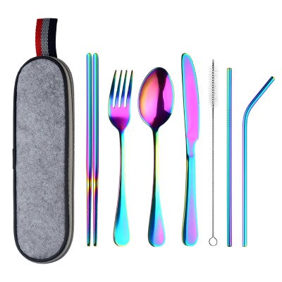 8Pcs/set Tableware Reusable Travel Cutlery Set Camp Utensils Set with stainless steel Spoon Fork Chopsticks Straw Portable case: colorful